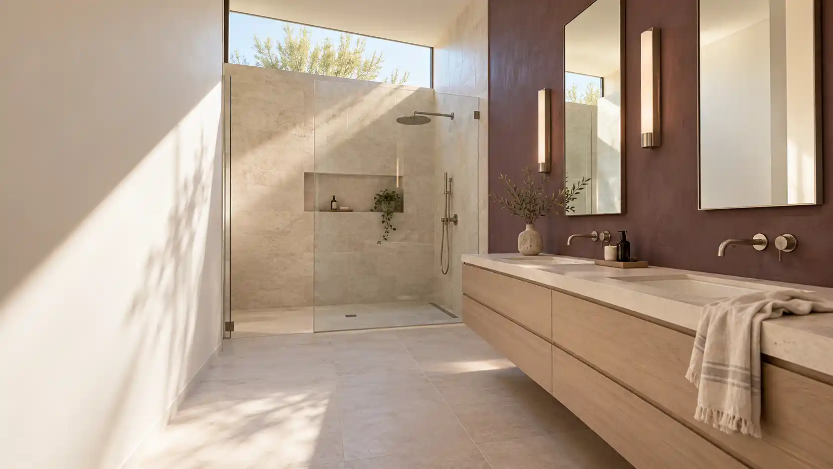 Bright bathroom with a long pale ash double vanity, a plum accent wall, an oval mirror and a glass walk-in shower