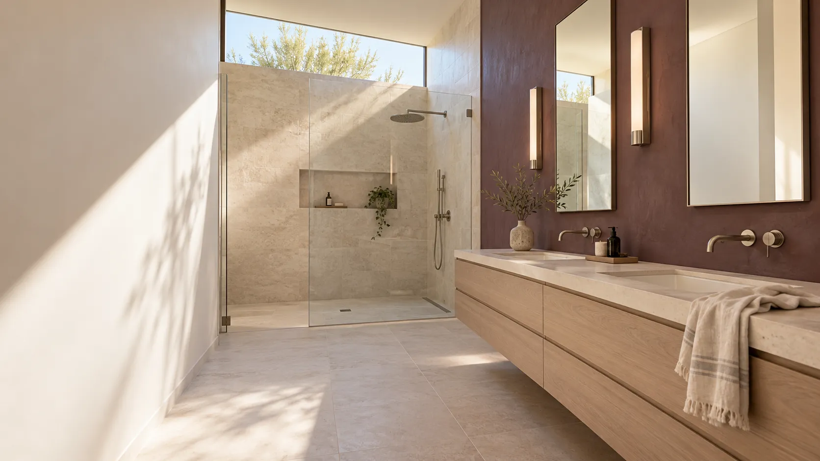 Bright bathroom with a long pale ash double vanity, a plum accent wall, an oval mirror and a glass walk-in shower