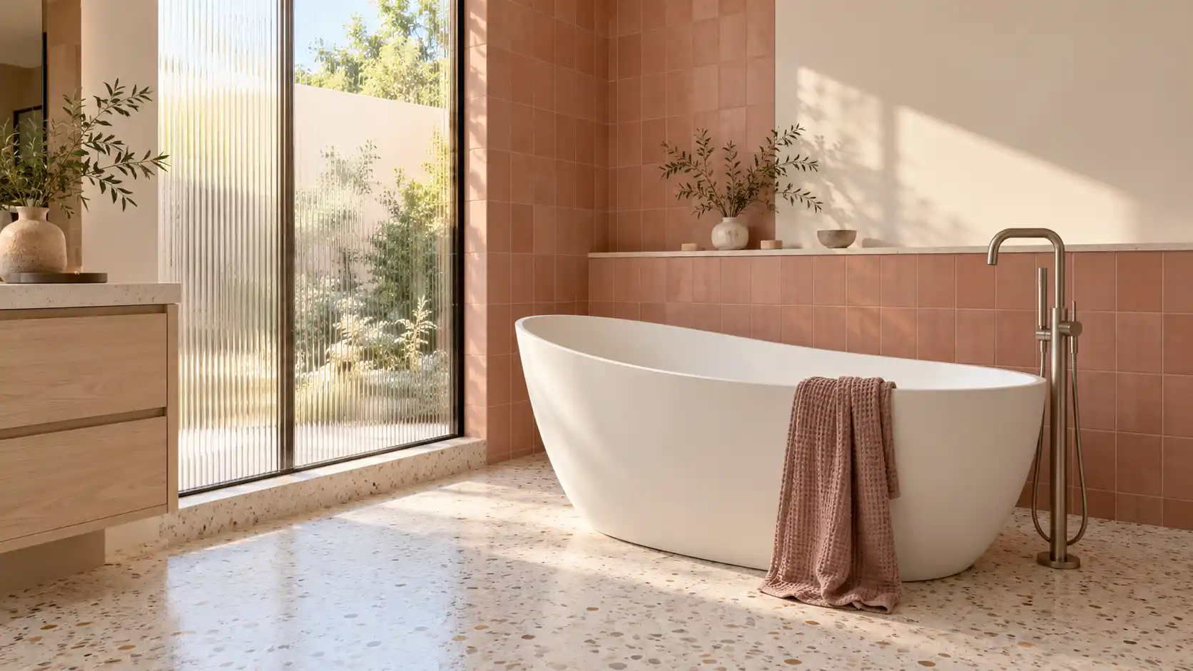 Rose clay tiled bathroom with a white freestanding soaking tub, a floor-mounted filler, a terrazzo floor and a ribbed glass window