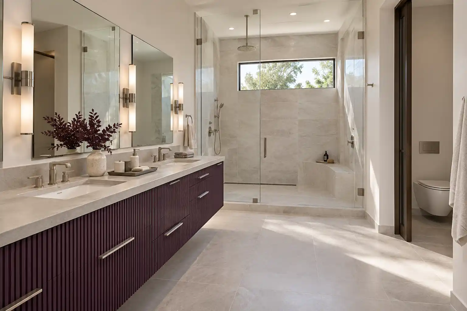 Primary bathroom with a plum fluted double vanity, pale stone counters, wall sconces and a frameless glass shower