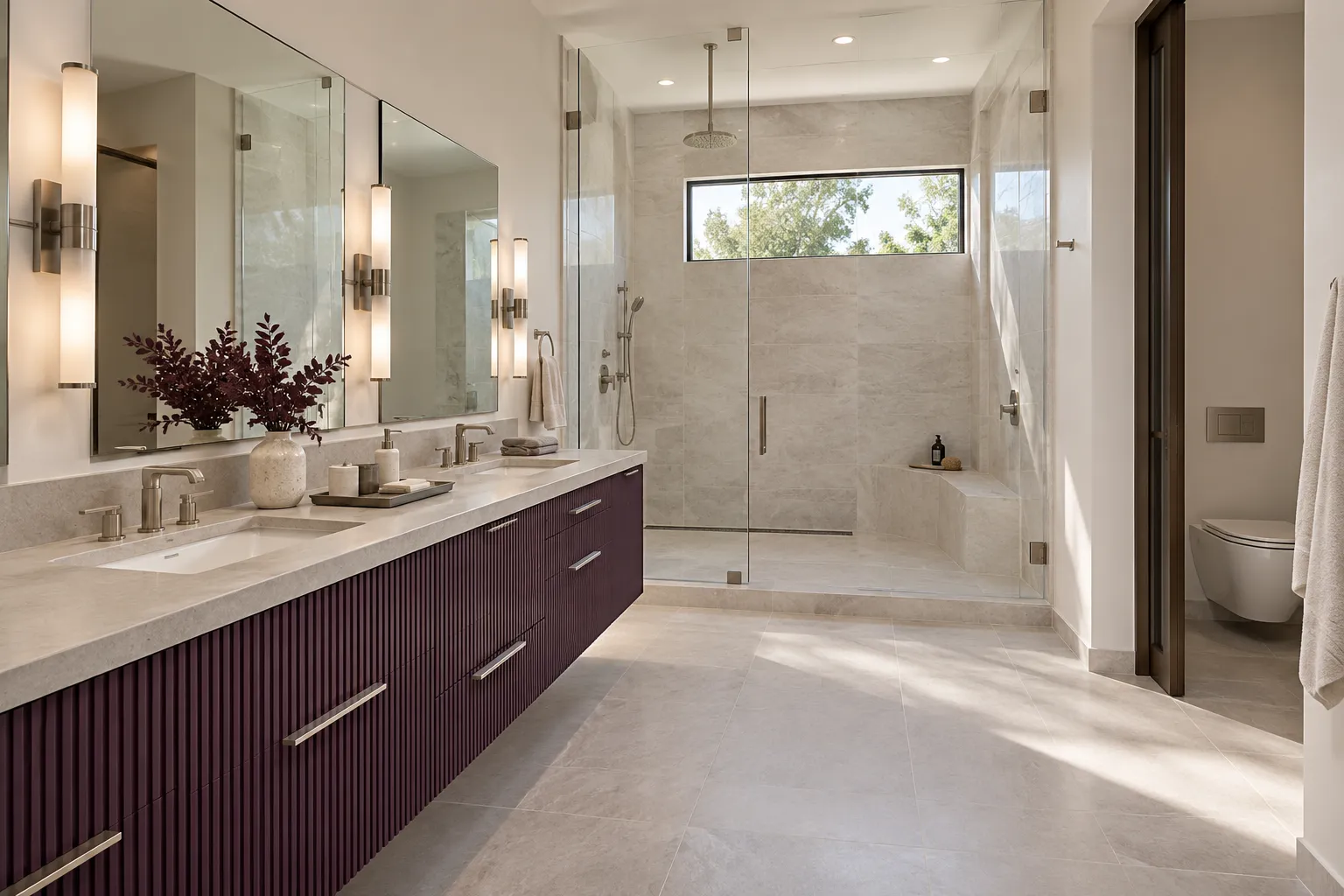 Primary bathroom with a plum fluted double vanity, pale stone counters, wall sconces and a frameless glass shower
