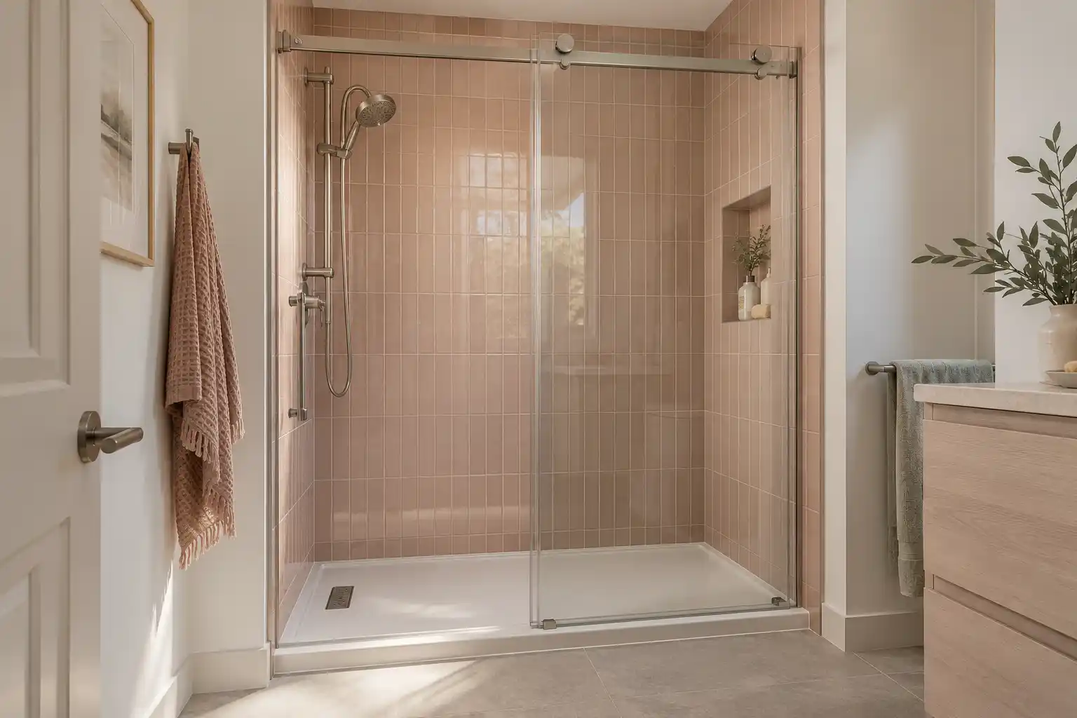 Alcove shower with blush stacked tile, a low white shower base and a nickel sliding glass door
