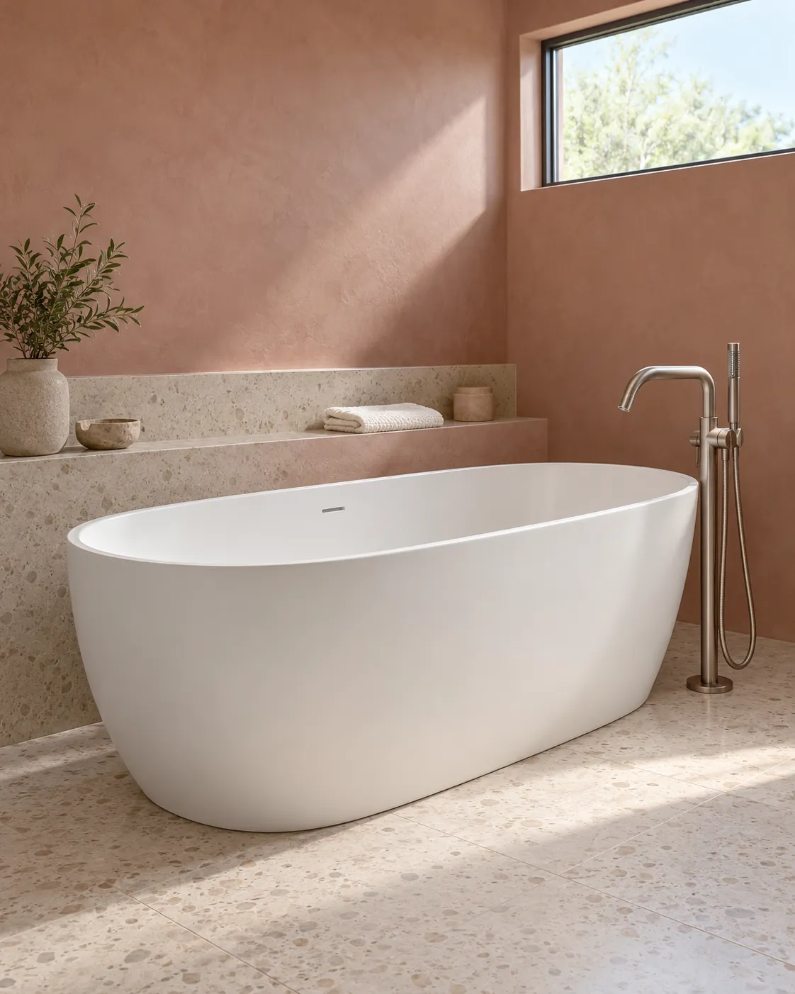 White oval soaking tub beside a nickel floor-mounted filler against rose clay plaster and a high window