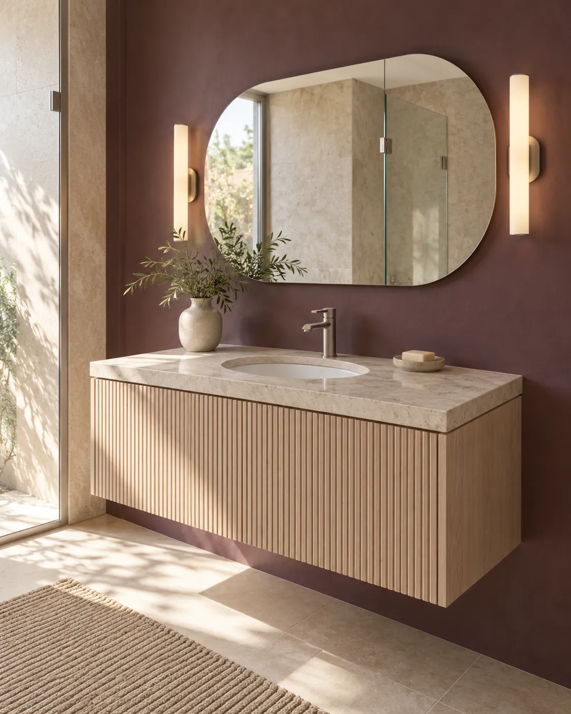 Floating fluted ash vanity with a stone top and an oval mirror on a plum wall beside a wall sconce