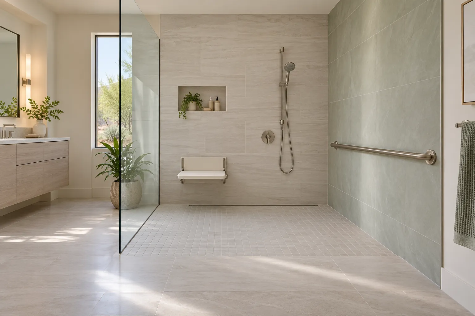 Curbless walk-in shower with large pale tile, a folding wall seat, a hand shower on a rail and a long grab bar