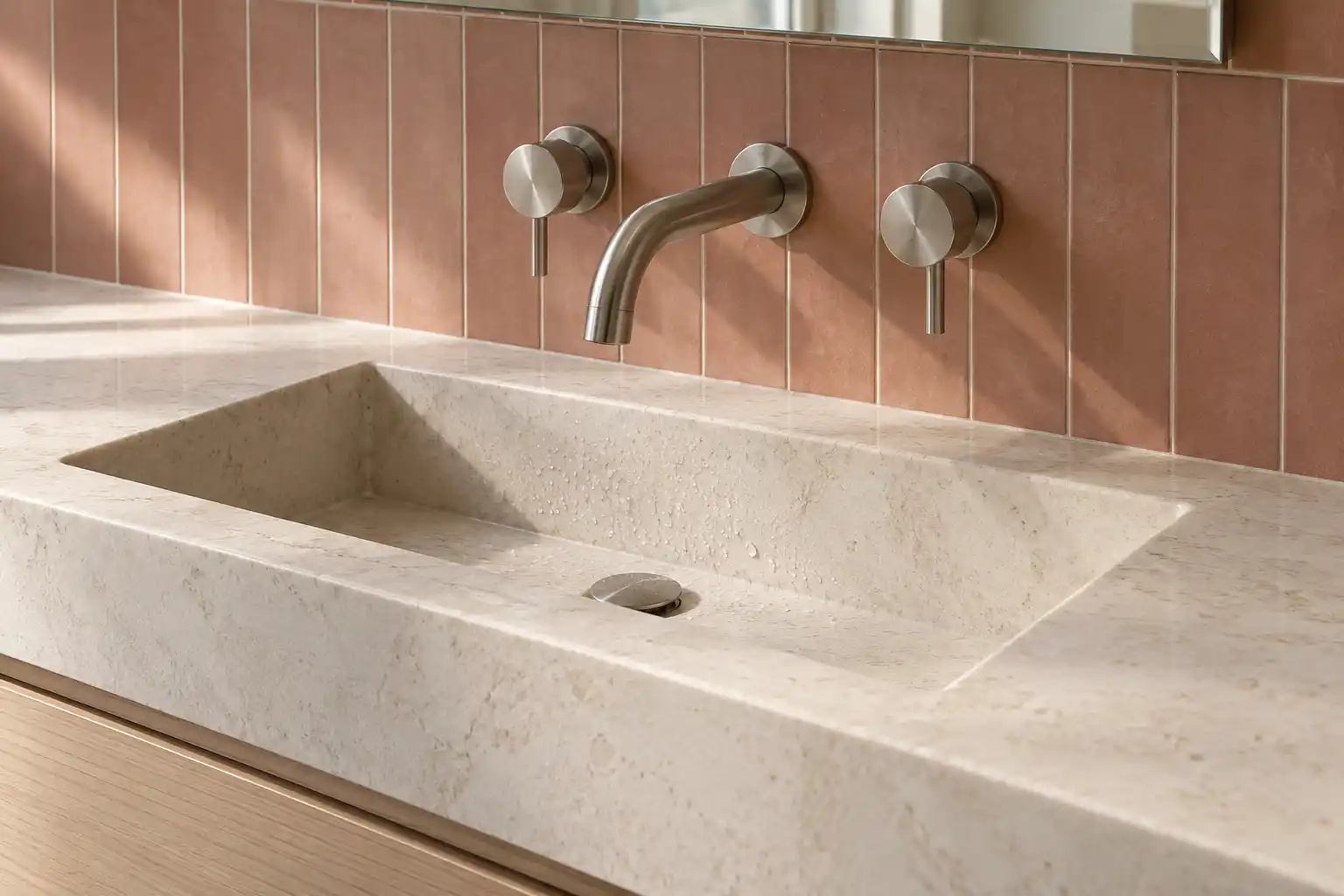 Nickel wall-mounted faucet and handles above a carved pale stone basin with rose clay wall tile