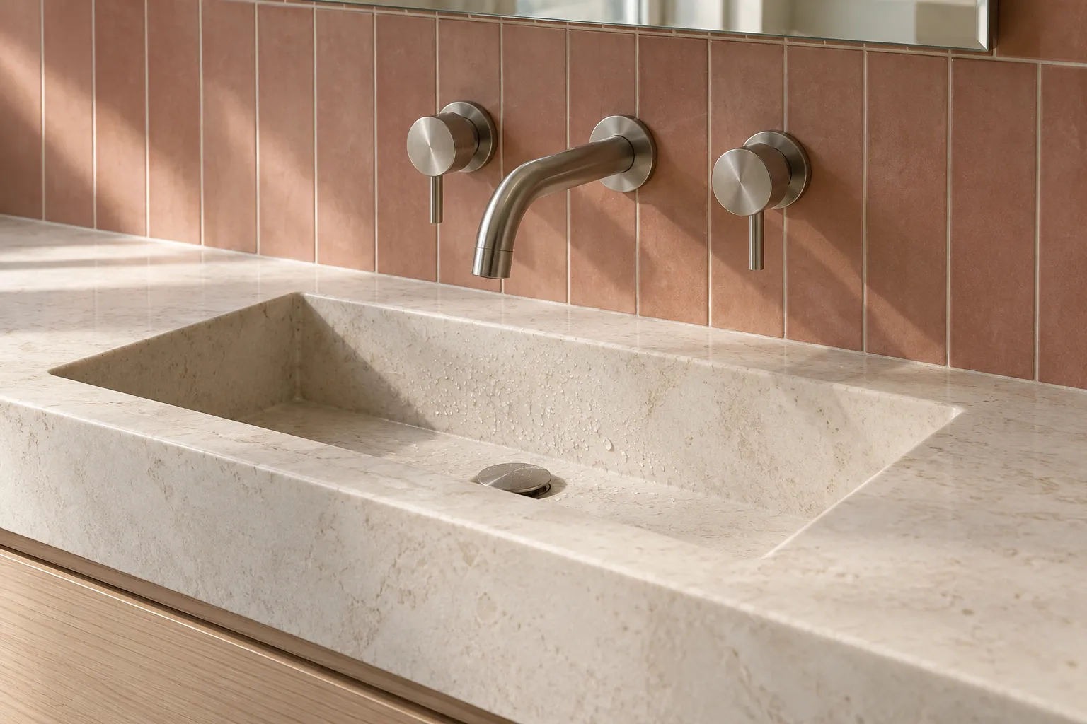 Nickel wall-mounted faucet and handles above a carved pale stone basin with rose clay wall tile